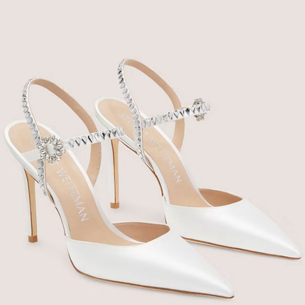 NEW Stuart Weitzman GEMCUT 100 ANKLE STRAP PUMP in white satin, size 6